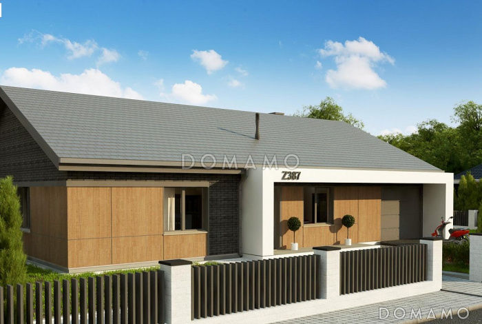 Проект загородного дома с гаражом, просторной гостиной с выходом на террасу, кладовой на кухне