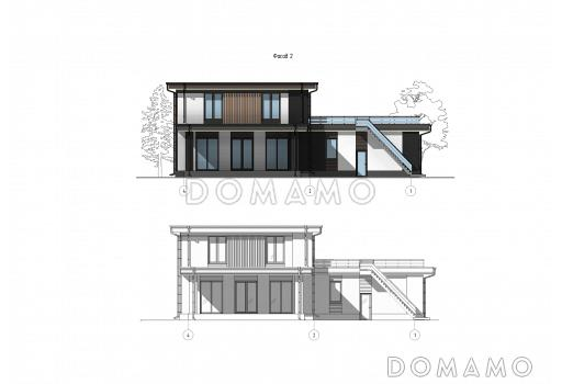 Проект дома с эксплуатируемой кровлей гаража, мастер-спальней, тремя детскими и гостевой / Фасад 2