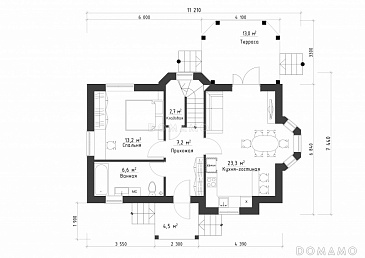 Проект небольшого дома из кирпича с большим крыльцом и эркером / План 1 этажа