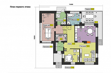 Проект дома с двухскатной крышей с мансардными окнами,  террасой, двумя балконами, кладовой на мансарде / План 1 этажа