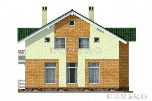 Проект коттеджа с зеленой крышей и желтыми кирпичными вставками / Фасад 1