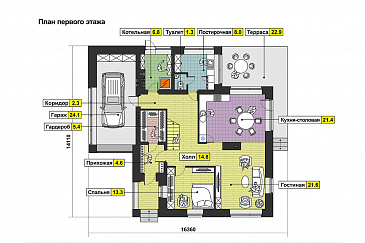 Проект кирпичного загородного дома в современном стиле с открытой террасой и гаражом  / План 1 этажа