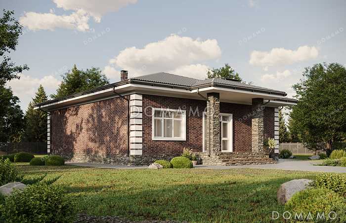 Проект одноэтажного дома с большим тамбуром, тремя комнатами, верандой и террасой