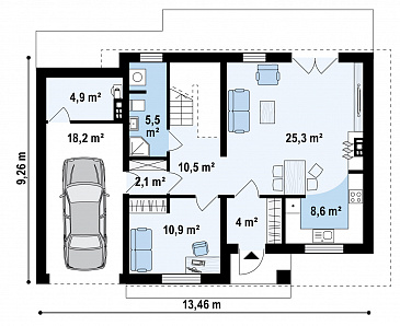 Проект обновлённого двухэтажного дома из кирпича с гаражом и большой террасой на втором этаже / План 1 этажа