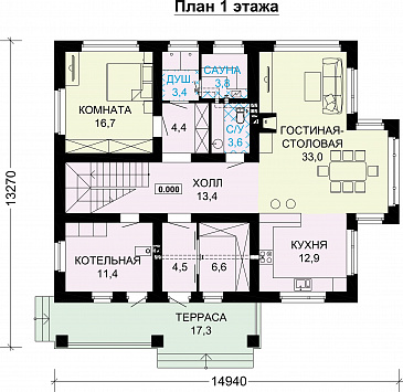 Проект дома из газобетона с панорамными окнами и натуральной черепицей / План 1 этажа
