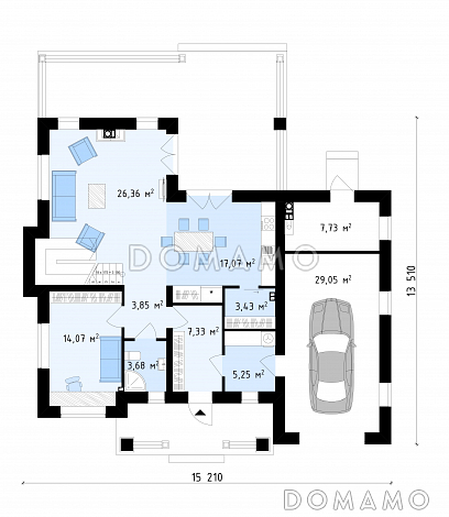 Проект современного двухэтажного дома из газобетона с четырьмя комнатами, гаражом и зимним садом на втором этаже / План 1 этажа
