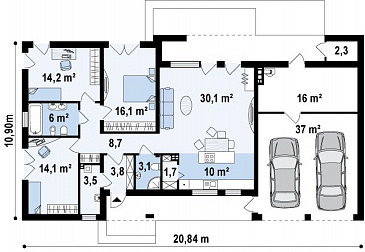 Проект просторного современного одноэтажного дома из газобетона с  тремя спальнями и гаражом с двумя отдельными въездами / План 1 этажа