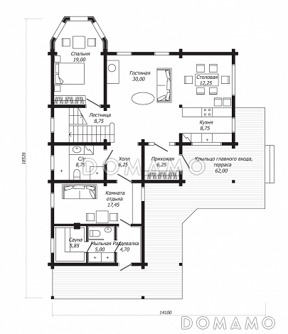 Проект дома из клееного бруса с тремя спальнями с французскими балконами, бильярдной и кладовой / План 1 этажа