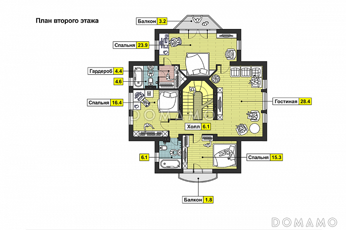 Проект дома с бассейном и просторной комнатой отдыха в цокольном этаже, сауной, гаражом на два автомобиля, открытой террасой, столовой с эркером / План 2 этажа