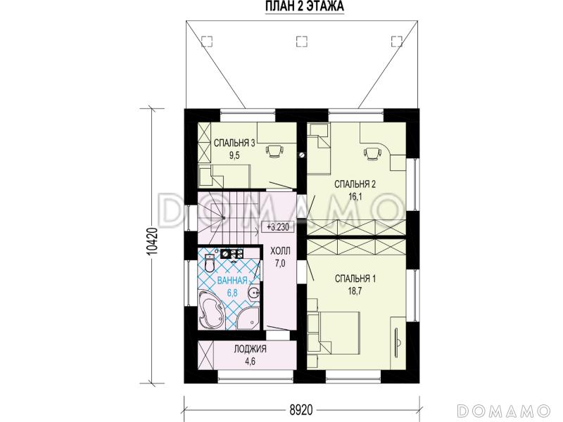Проект двухэтажного дома с террасой, комнатой на первом этаже, кладовой, лоджией / План 2 этажа