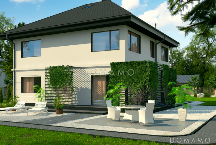 Проект загородного дома с гаражом на две машины, просторной гостиной, комнатой на первом этаже, кладовой