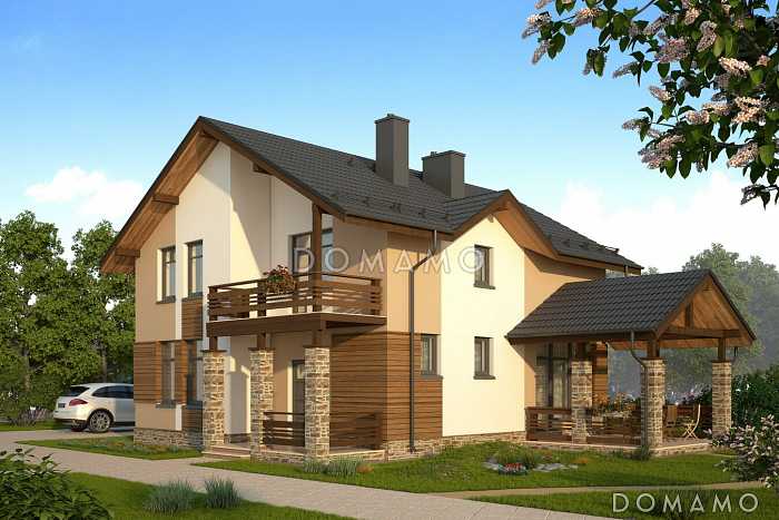 Проект компактного загородного дома с крытой террасой и большой лоджией