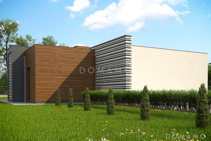 Проект одноэтажного дома из кирпича с плоской крышей, большой площадью остекления и крытой террасой, увеличенная версия