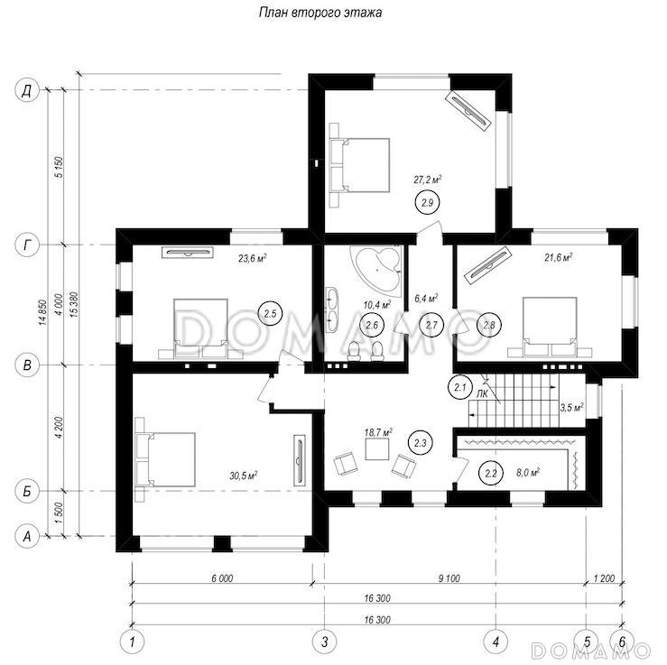 Проект особняка с цокольным этажом, гаражом на две машины, пятью спальнями и террасой с барбекю / План 2 этажа