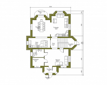 Проект трехэтажного дома с башней, верандой и функциональными чердачными помещениями / План 1 этажа