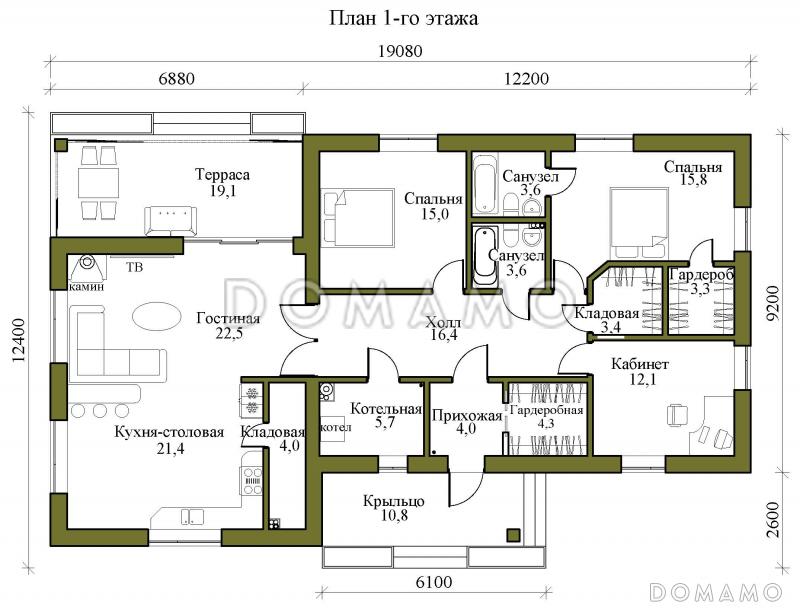 Проект одноэтажного кирпичного дома с двумя спальнями, гардеробными, кладовой на кухне и крытой террасой / План 1 этажа