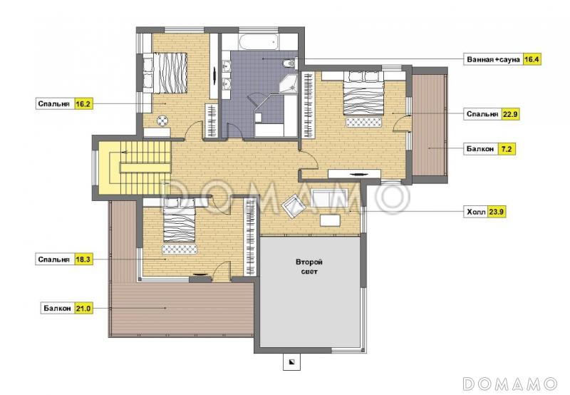 Проект двухэтажного дома из пеноблоков с большими окнами / План 2 этажа