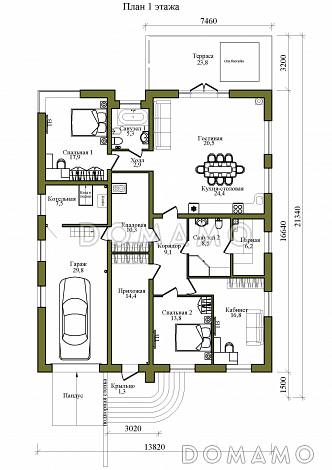 Проект одноэтажного дома в стиле хай-тек с гаражом и спа-бассейном на террасе / План 1 этажа
