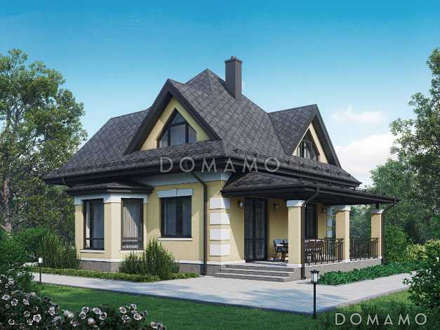 Проект одноэтажного мансардного дома по технологии ЛСТК с тремя спальнями, кабинетом, эркером и крытой террасой