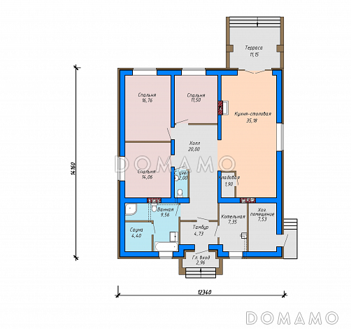 Проект одноэтажного дома с террасой, кладовой в большой кухне-столовой, сауной / План 1 этажа