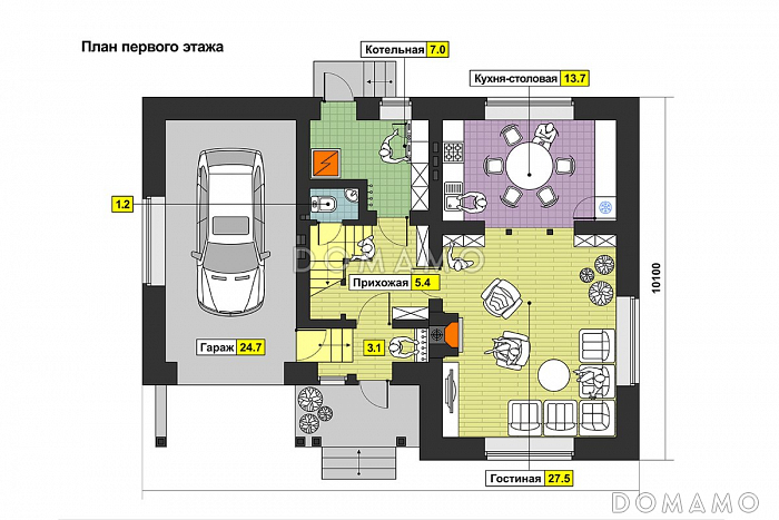 Проект загородного дома из панелей SIP с тремя спальнями на мансардном этаже, круглым окном, гаражом на одну машину / План 1 этажа
