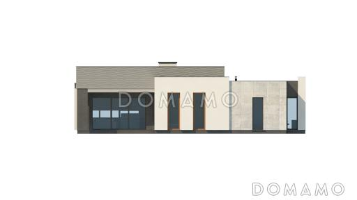 Проект современного одноэтажного дома из газобетона с плоской крышей с тремя спальнями, частично крытой террасой и одноместным гаражом / Фасад 1