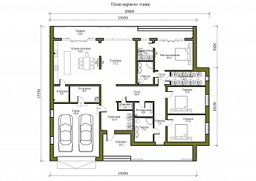 Проект просторного одноэтажного дома в стиле хай-тек с гаражом / План 1 этажа