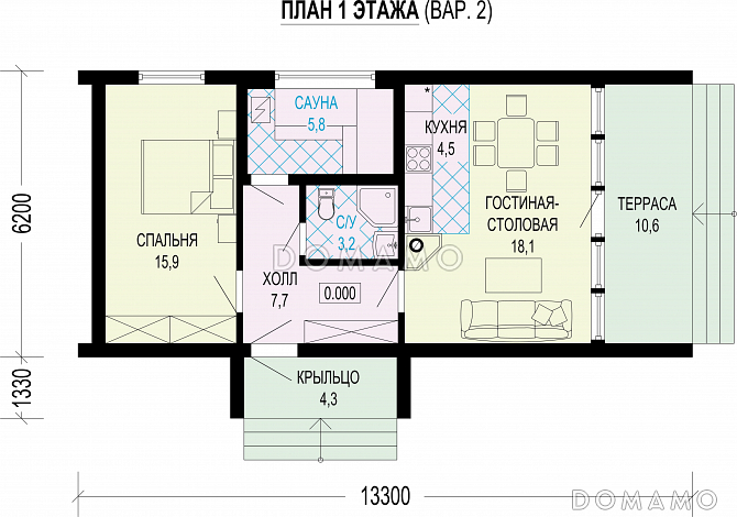 Проект дома в стиле барнхаус с сауной, спальней и кухней-гостиной-столовой / План 1 этажа