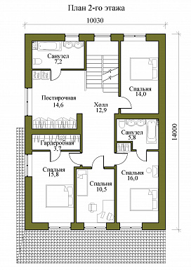 Проект трехэтажного каркасного дома с пятью спальнями, холодным чердаком и подвалом / План 2 этажа