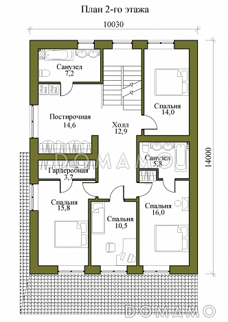 Проект трехэтажного каркасного дома с пятью спальнями, холодным чердаком и подвалом / План 2 этажа