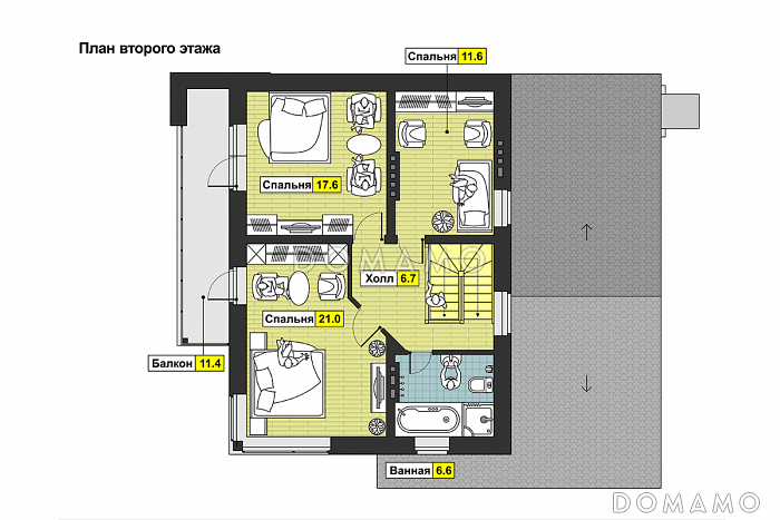 Проект дома с кухней-столовой с выходом на террасу, двумя спальнями на первом этаже, длинным балконом / План мансардного этажа
