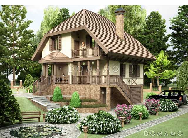 Проект дома на рельефе в стиле фахверк с гаражом в подвале