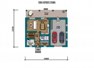 Проект одноэтажного дома с мансардой, гаражом на два автомобиля и большой террасой / План 1 этажа