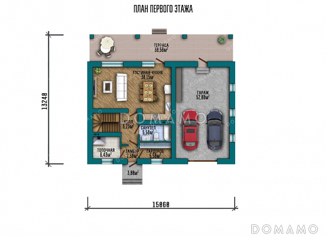 Проект одноэтажного дома с мансардой, гаражом на два автомобиля и большой террасой / План 1 этажа