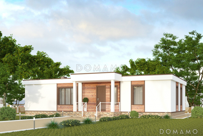 Проект одноэтажного дома в стиле хай-тек с полуоткрытой террасой и окнами в пол