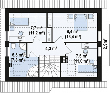 Проект одноэтажного мансардного дома из газобетона с балконом и навесом для автомобиля / План мансардного этажа