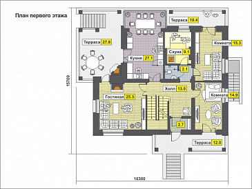 Загородный дом с окнами в пол, с тремя террасами и лоджией / План 1 этажа