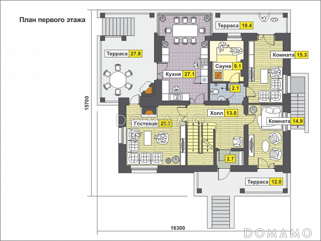 Загородный дом с окнами в пол, с тремя террасами и лоджией / План 1 этажа