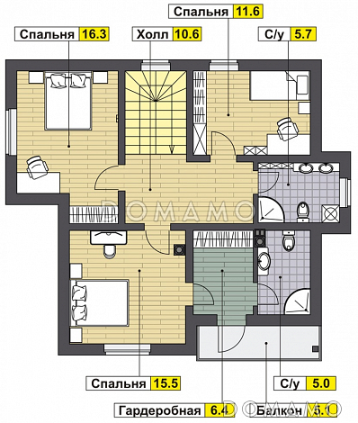 Проект дома с крытой террасой, гостиной с камином, спальней на первом этаже, балконом / План мансардного этажа