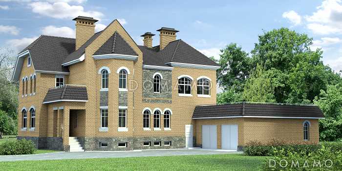 Проект кирпичного дома с пристроенным большим гаражом