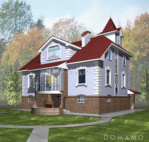 Проект трёхэтажного коттеджа с башенкой и пандусом