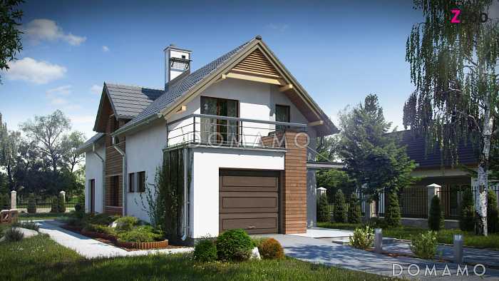 Проект одноэтажного мансардного дома из кирпича с гаражом для узкого участка