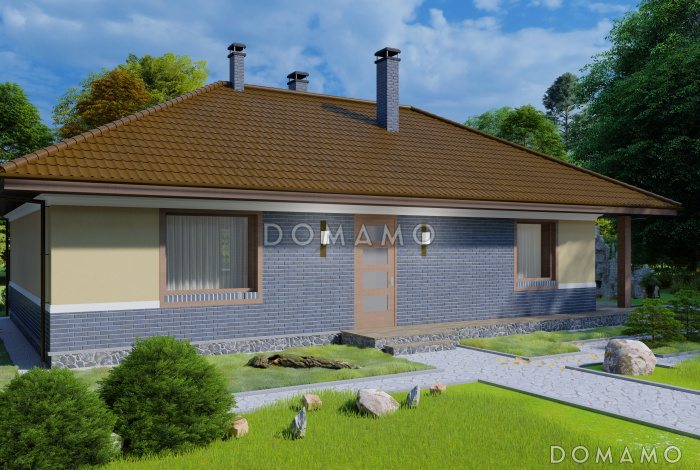 Проект одноэтажного дома с камином в гостиной и крытой террасой