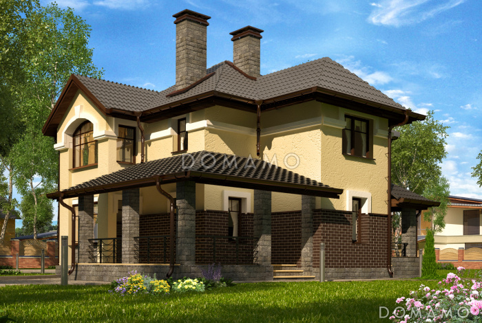 Проект дома с большой крытой террасой, просторной прихожей, ванной с окном на втором этаже