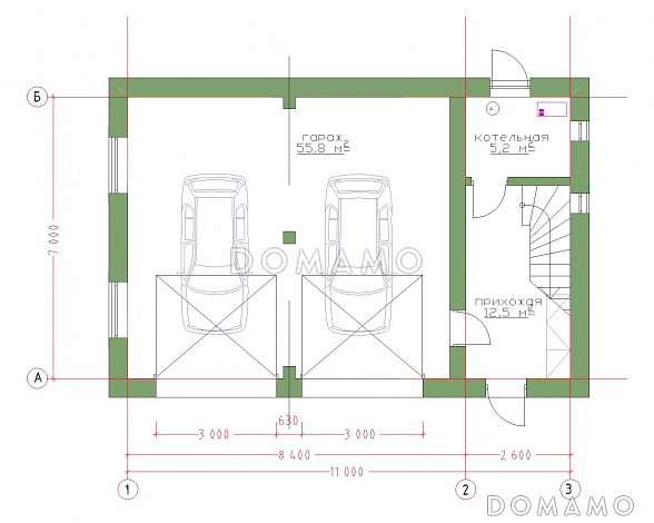 Проект гаража на 2 машины с котельной и  мансардой / План 1 этажа