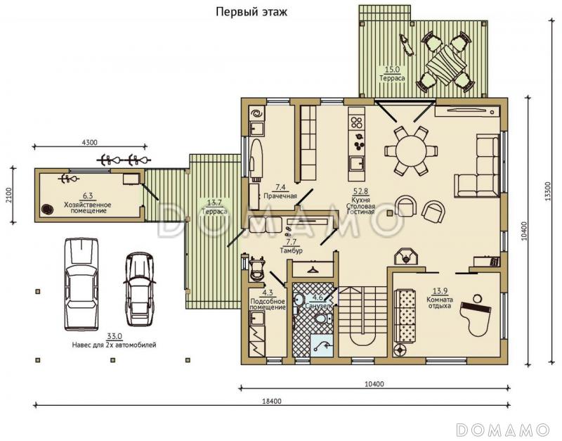 Проект каркасного дома с хозяйственной пристройкой и навесом на две машины / План 1 этажа