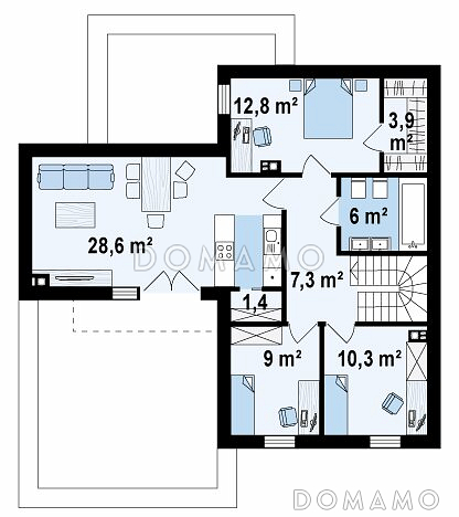 Проект современного комфортного двухэтажного дома из газобетона для двух семей с квартирами на разных этажах и общим гаражом с двумя въездами / План 2 этажа