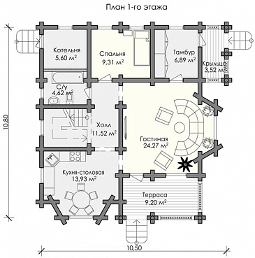Проект красивого двухэтажного дома с хорошей планировкой / План 1 этажа