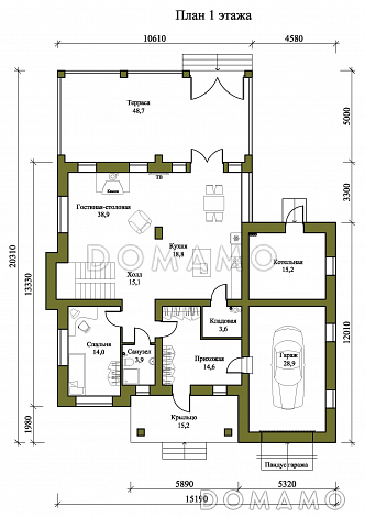 Проект двухэтажного дома с совмещенными гостиной, столовой, холлом и кухней / План 1 этажа