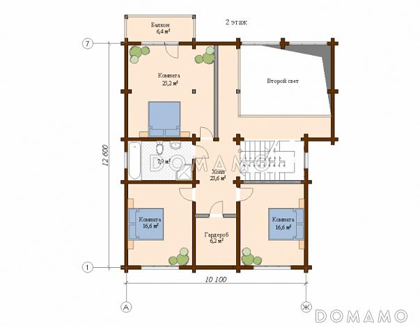 Проект деревянного дома с спальной комнатой на первом этаже / План мансардного этажа